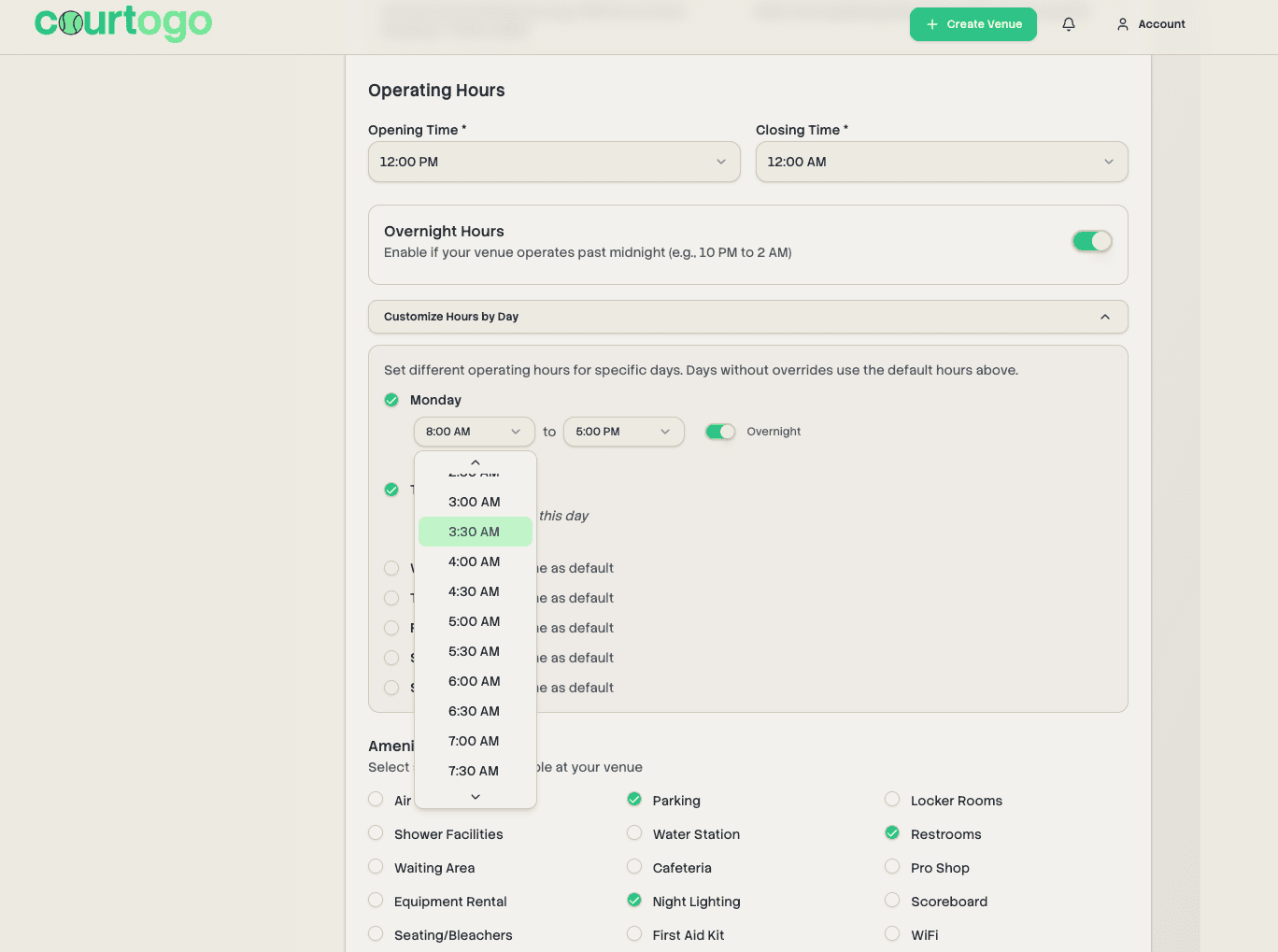 30-Minute Operating Hours & Per-Day Overrides