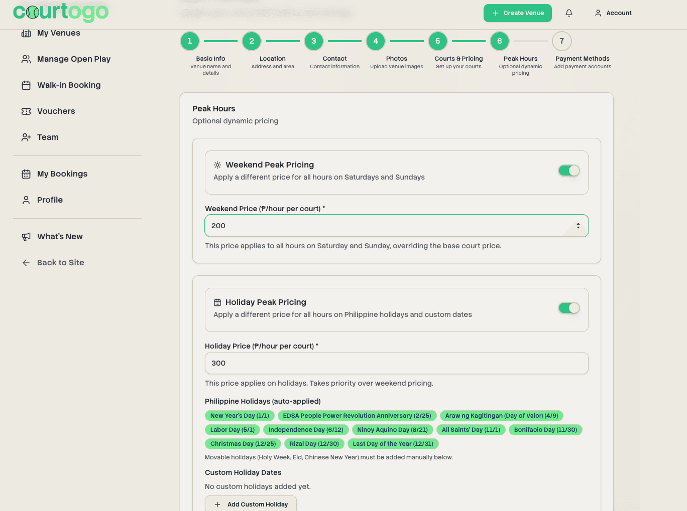Weekend & Holiday Peak Pricing