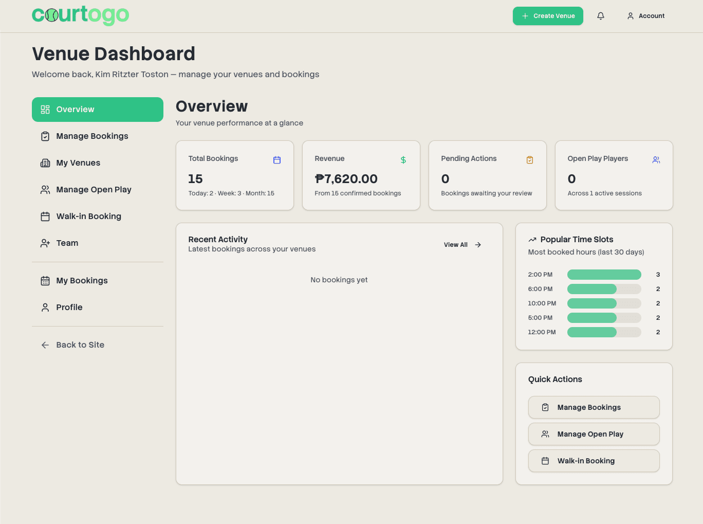 Courtogo owner dashboard with analytics and booking management